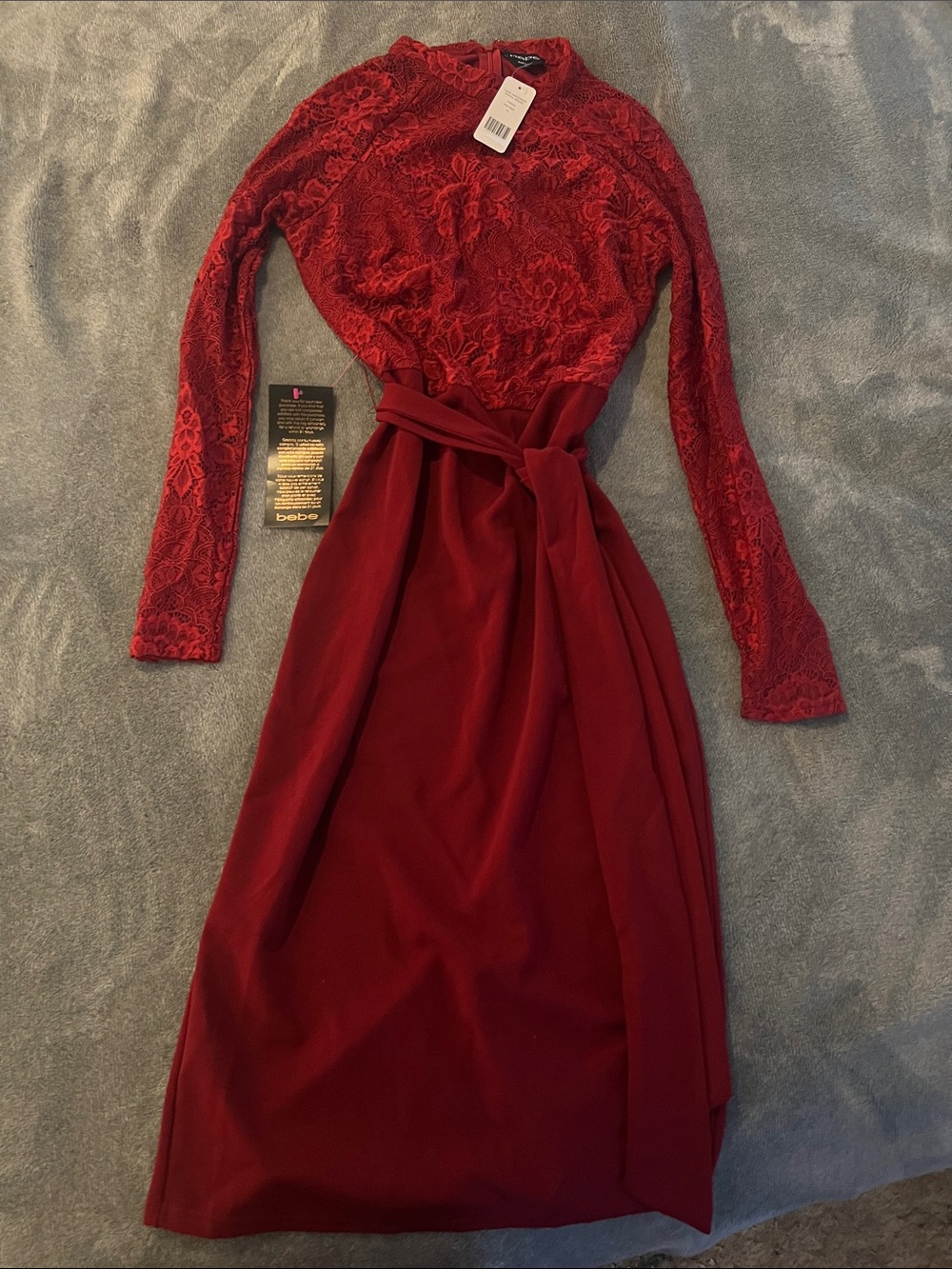 bebe Burgundy Lace Bodice Long Sleeve Midi Dress